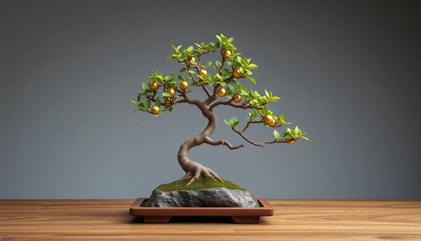 Minimalistischer Bonsai-Baum mit goldenen Münzen als Blätter im Zen-Stil